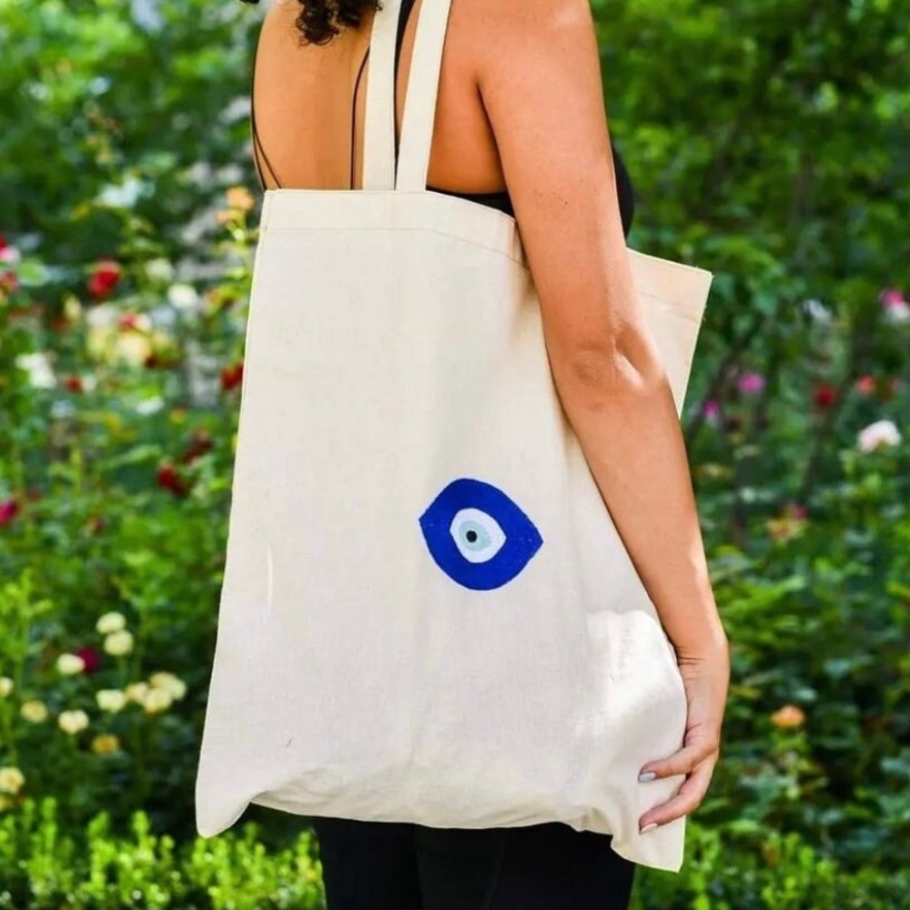Evil eye embroidered tote bag